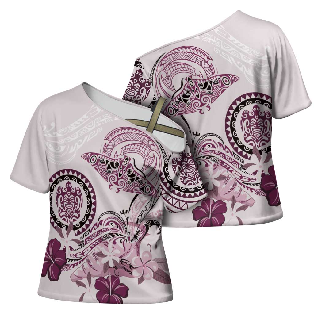 Polynesian Manta Ray Cross Shoulder Shirt Pink Floral Turtle Tattoo - Polynesian Pride