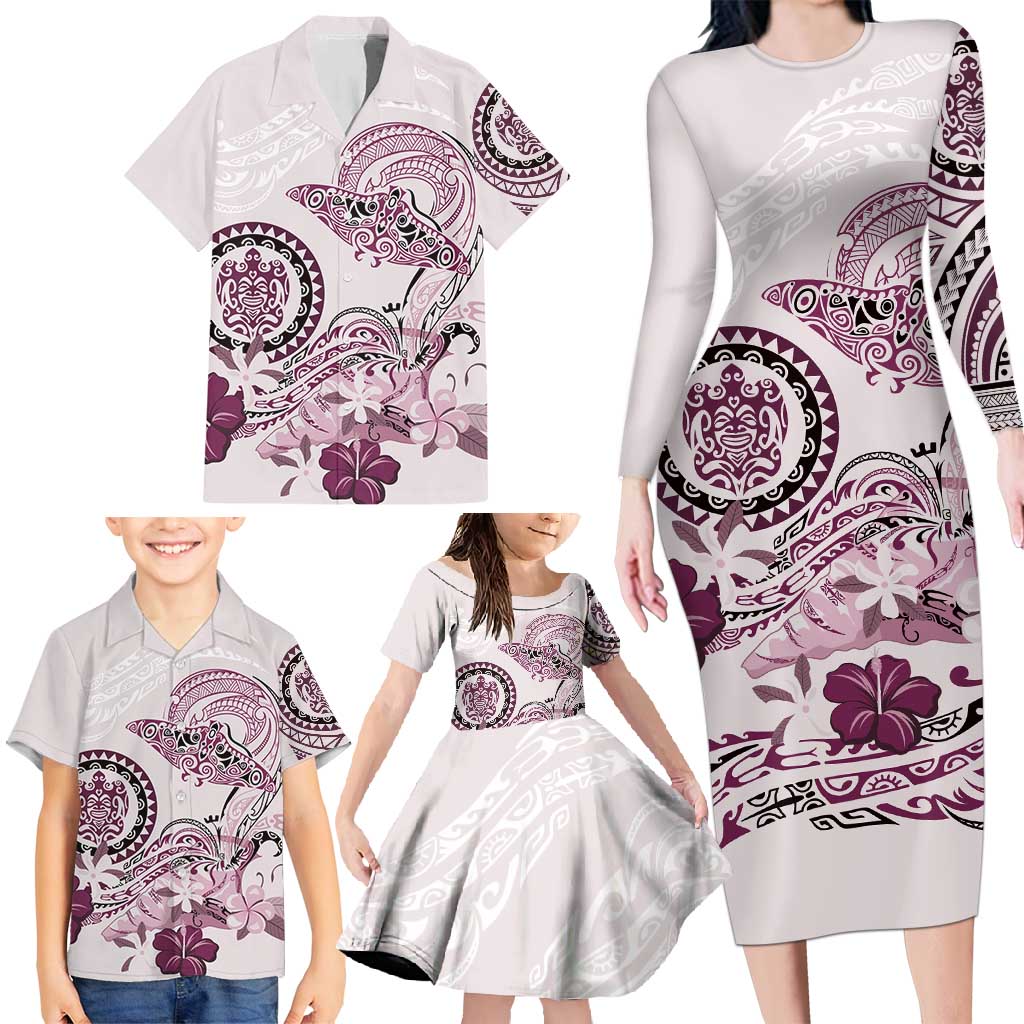 Polynesian Manta Ray Family Matching Long Sleeve Bodycon Dress and Hawaiian Shirt Pink Floral Turtle Tattoo - Polynesian Pride