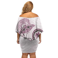 Polynesian Manta Ray Family Matching Off Shoulder Short Dress and Hawaiian Shirt Pink Floral Turtle Tattoo - Polynesian Pride