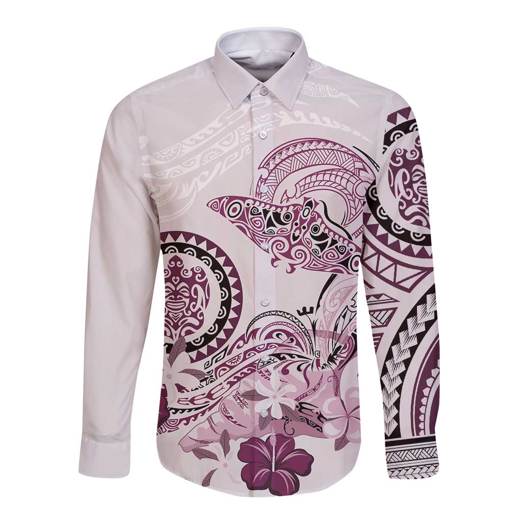 Polynesian Manta Ray Long Sleeve Button Shirt Pink Floral Turtle Tattoo - Polynesian Pride