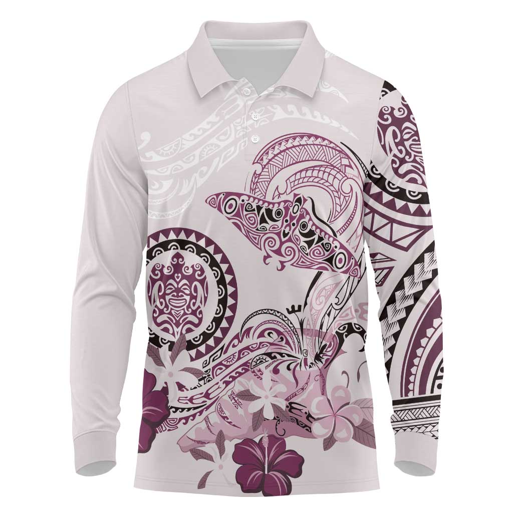 Polynesian Manta Ray Long Sleeve Polo Shirt Pink Floral Turtle Tattoo - Polynesian Pride