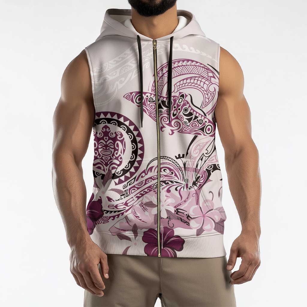 Polynesian Manta Ray Sleeveless Zip Hoodie Pink Floral Turtle Tattoo - Polynesian Pride