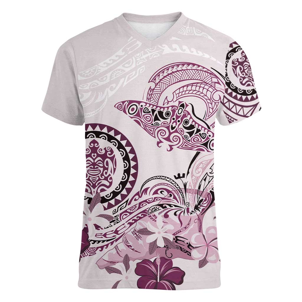 Polynesian Manta Ray Women V-Neck T-Shirt Pink Floral Turtle Tattoo - Polynesian Pride