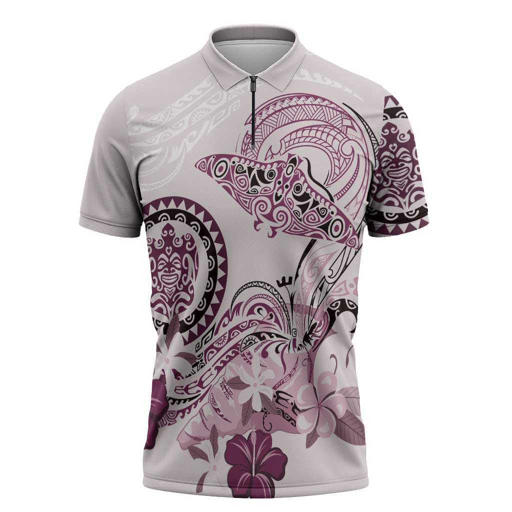 Polynesian Manta Ray Zipper Polo Shirt Pink Floral Turtle Tattoo - Polynesian Pride