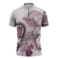Polynesian Manta Ray Zipper Polo Shirt Pink Floral Turtle Tattoo - Polynesian Pride