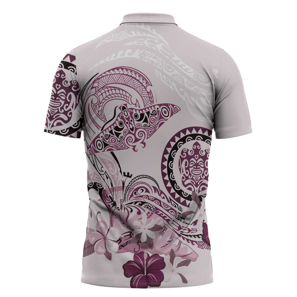Polynesian Manta Ray Zipper Polo Shirt Pink Floral Turtle Tattoo - Polynesian Pride