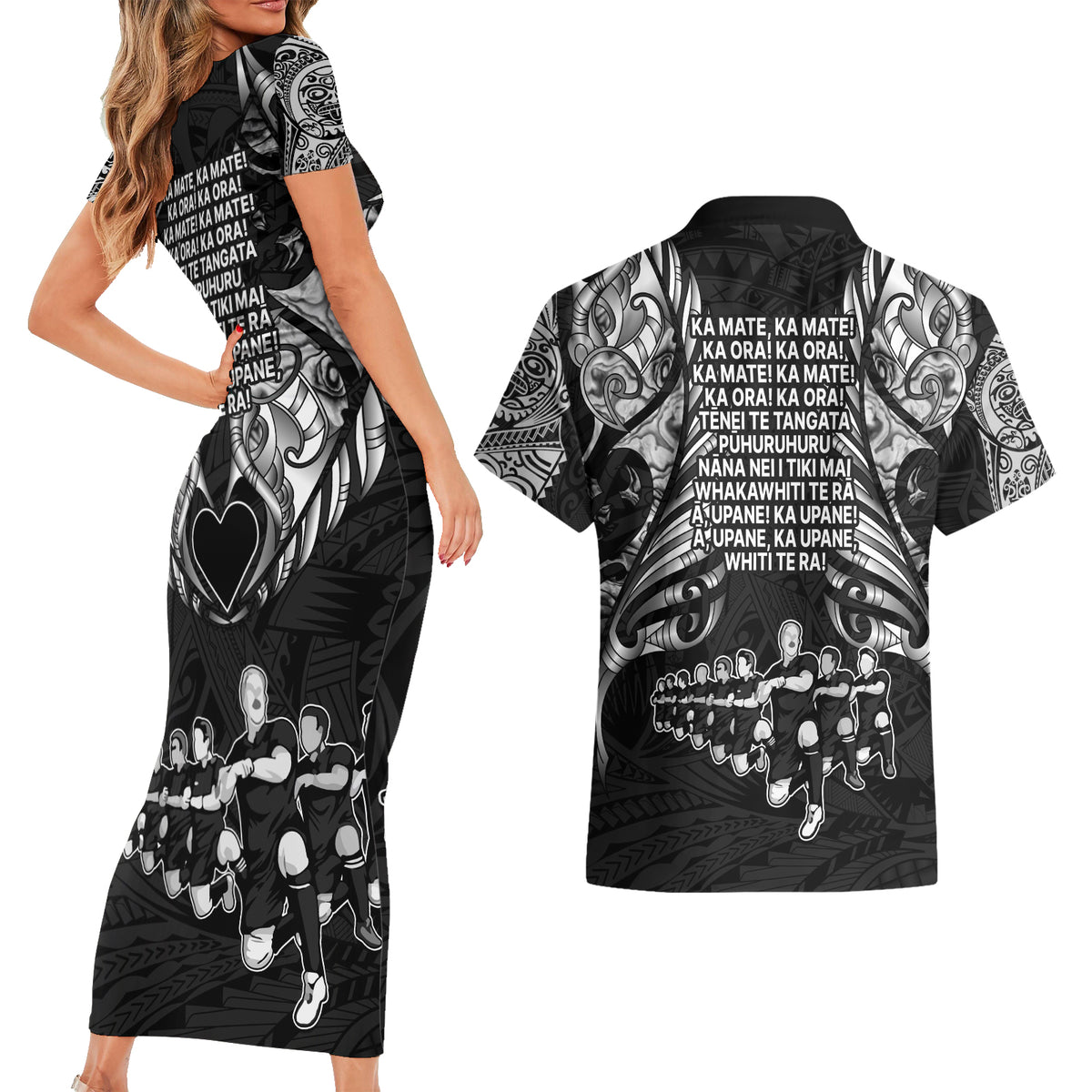 New Zealand Rugby Couples Matching Short Sleeve Bodycon Dress and Hawaiian Shirt Black Haka Dance With NZ Champions History LT9 - Polynesian Pride