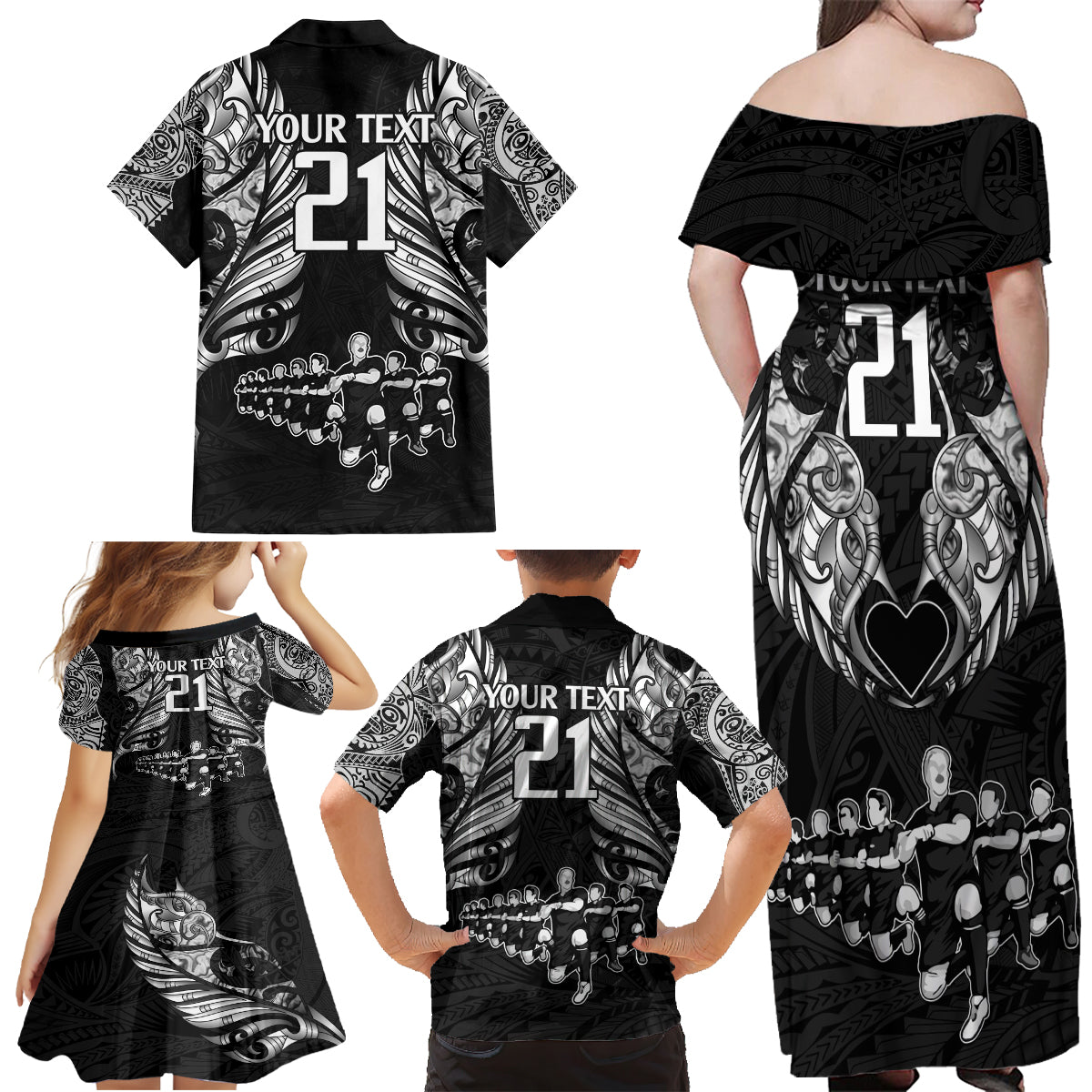Custom New Zealand Rugby Family Matching Off Shoulder Maxi Dress and Hawaiian Shirt Black Haka Dance With NZ Champions History LT9 - Polynesian Pride