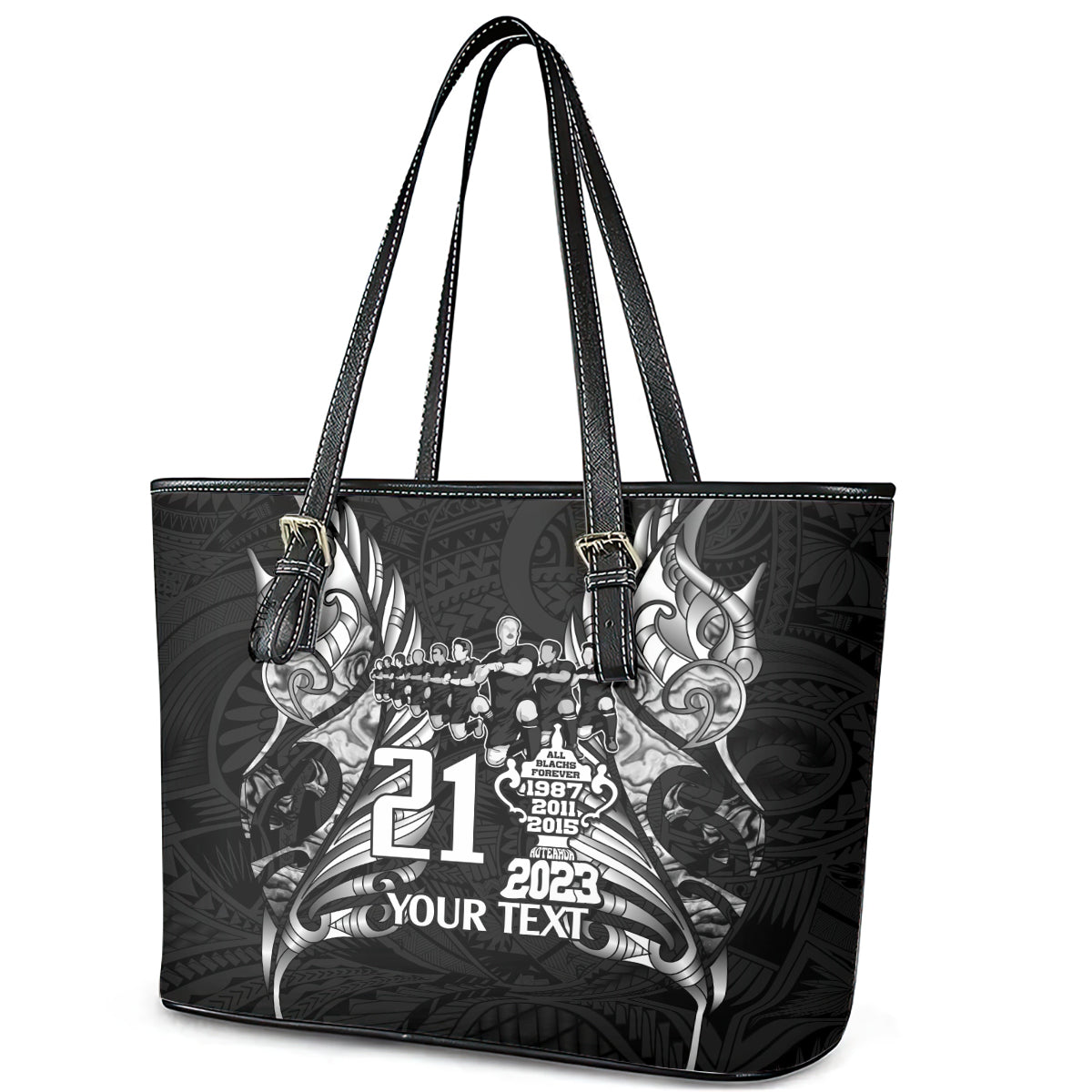 Custom New Zealand Rugby Leather Tote Bag Black Haka Dance With NZ Champions History LT9 - Polynesian Pride