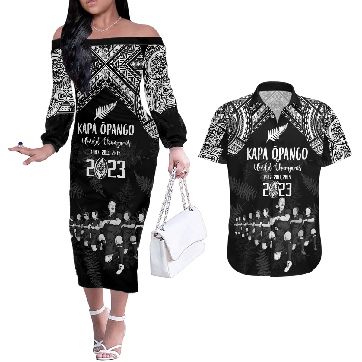 NZ Rugby Couples Matching Off The Shoulder Long Sleeve Dress and Hawaiian Shirt Kapa Opango Maori Haka With Years of The All Black Champions LT9 Black - Polynesian Pride