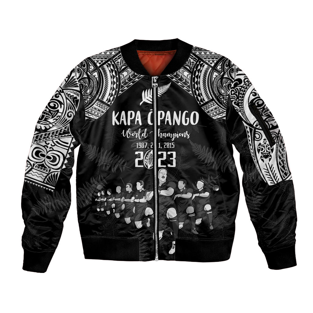 NZ Rugby Sleeve Zip Bomber Jacket Kapa Opango Maori Haka With Years of The All Black Champions LT9 Unisex Black - Polynesian Pride