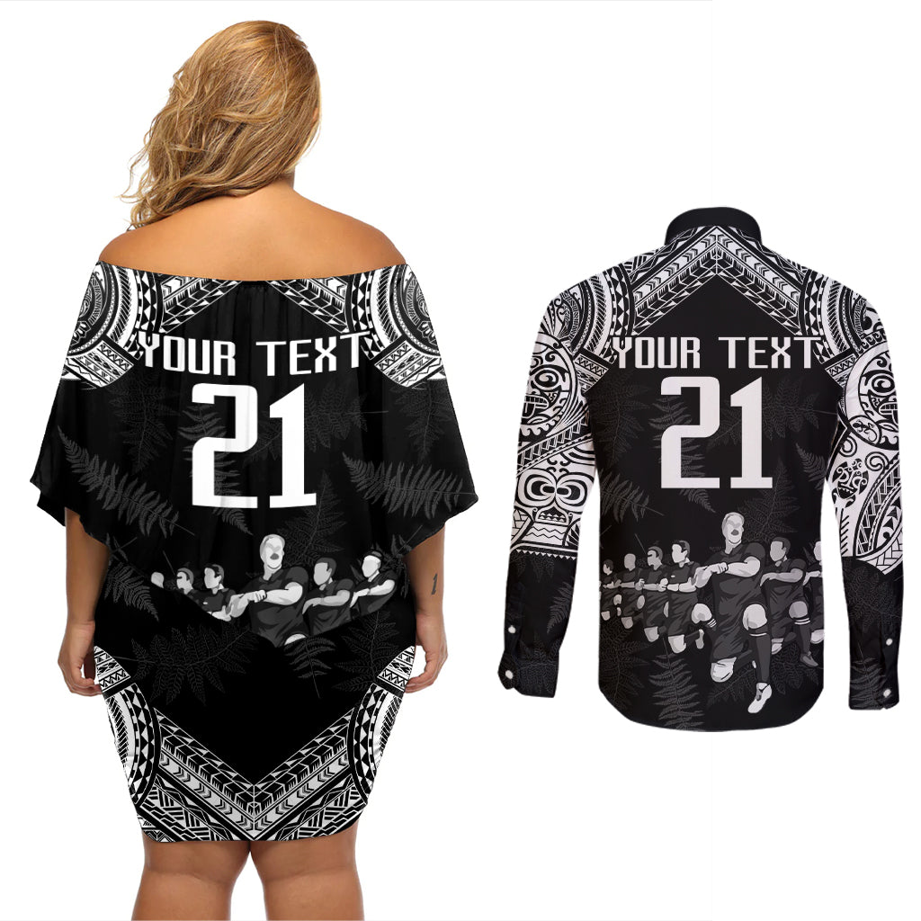 Custom NZ Rugby Couples Matching Off Shoulder Short Dress and Long Sleeve Button Shirt Kapa Opango Maori Haka With Years of The All Black Champions LT9 - Polynesian Pride