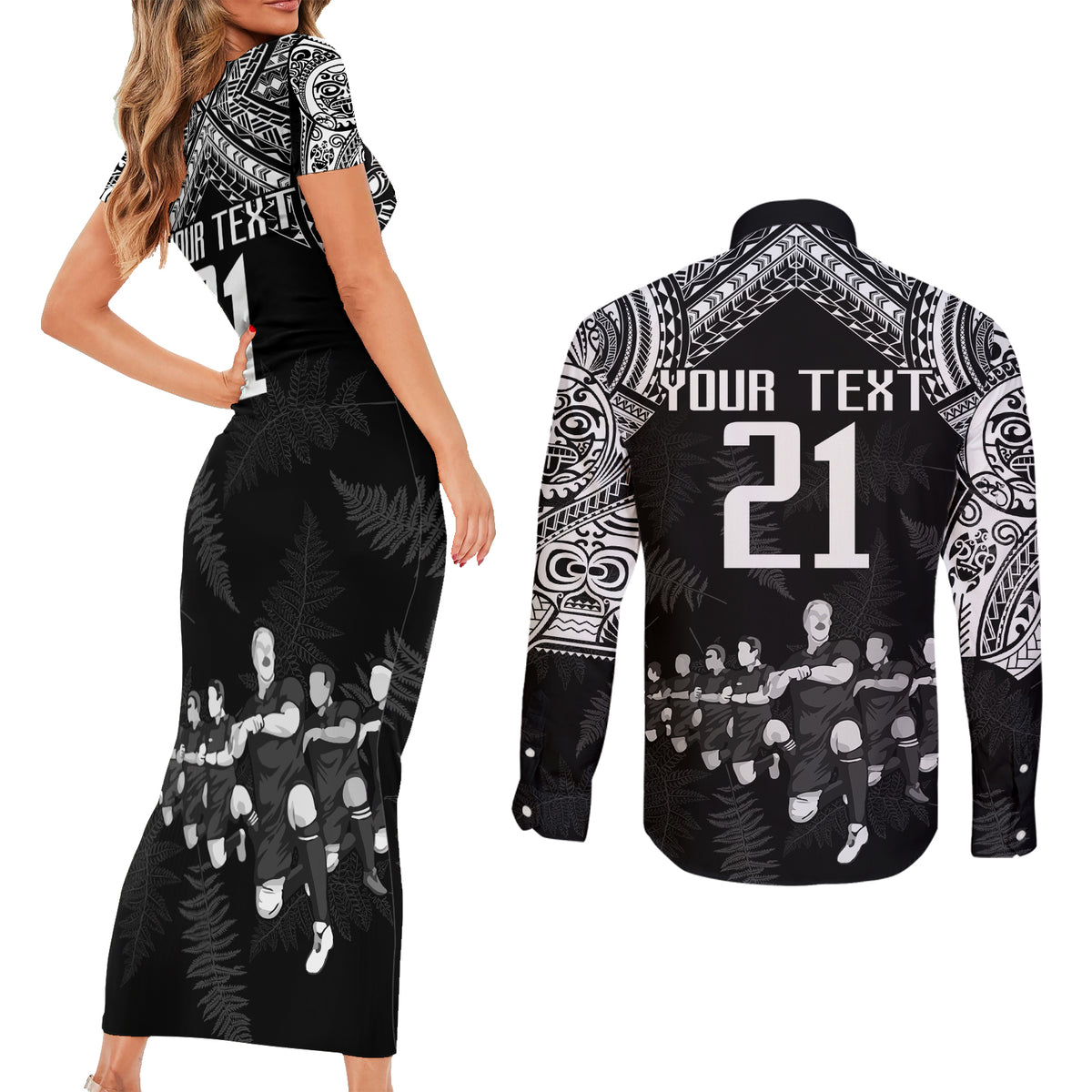 Custom NZ Rugby Couples Matching Short Sleeve Bodycon Dress and Long Sleeve Button Shirt Kapa Opango Maori Haka With Years of The All Black Champions LT9 - Polynesian Pride