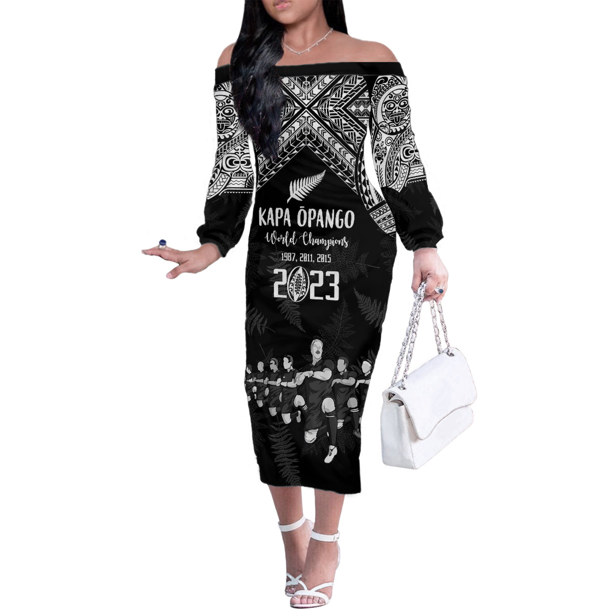 Custom NZ Rugby Family Matching Off Shoulder Long Sleeve Dress and Hawaiian Shirt Kapa Opango Maori Haka With Years of The All Black Champions LT9 Mom's Dress Black - Polynesian Pride