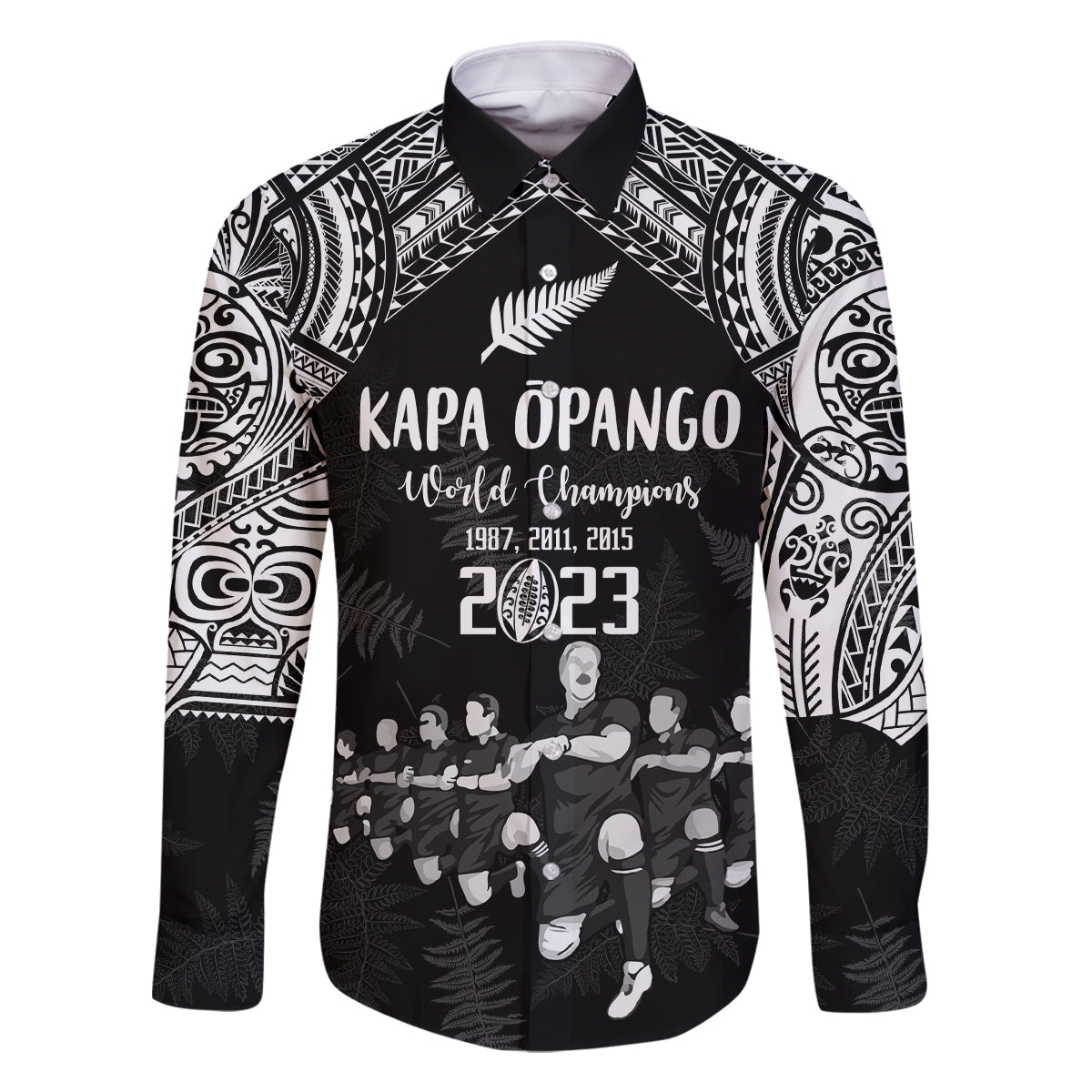 Custom NZ Rugby Family Matching Off Shoulder Short Dress and Hawaiian Shirt Kapa Opango Maori Haka With Years of The All Black Champions LT9 Dad's Shirt - Long Sleeve Black - Polynesian Pride