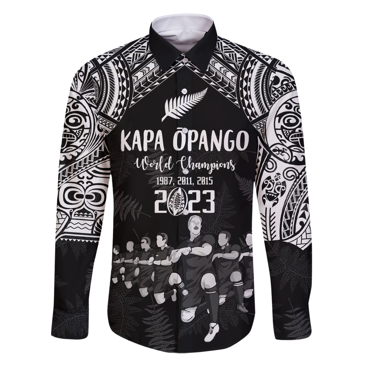 Custom NZ Rugby Family Matching Puletasi Dress and Hawaiian Shirt Kapa Opango Maori Haka With Years of The All Black Champions LT9 Dad's Shirt - Long Sleeve Black - Polynesian Pride