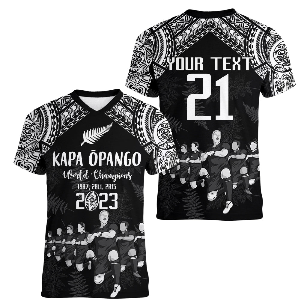 Custom NZ Rugby Women V Neck T Shirt Kapa Opango Maori Haka With Years of The All Black Champions LT9 - Polynesian Pride