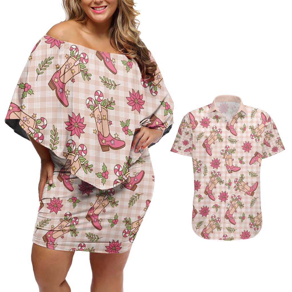 Beige Paniolo Palaka Hawaiian Cowgirl Christmas Couples Matching Off Shoulder Short Dress and Hawaiian Shirt - Polynesian Pride