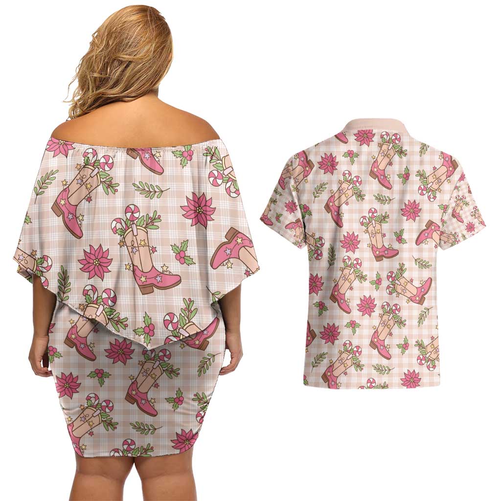 Beige Paniolo Palaka Hawaiian Cowgirl Christmas Couples Matching Off Shoulder Short Dress and Hawaiian Shirt - Polynesian Pride