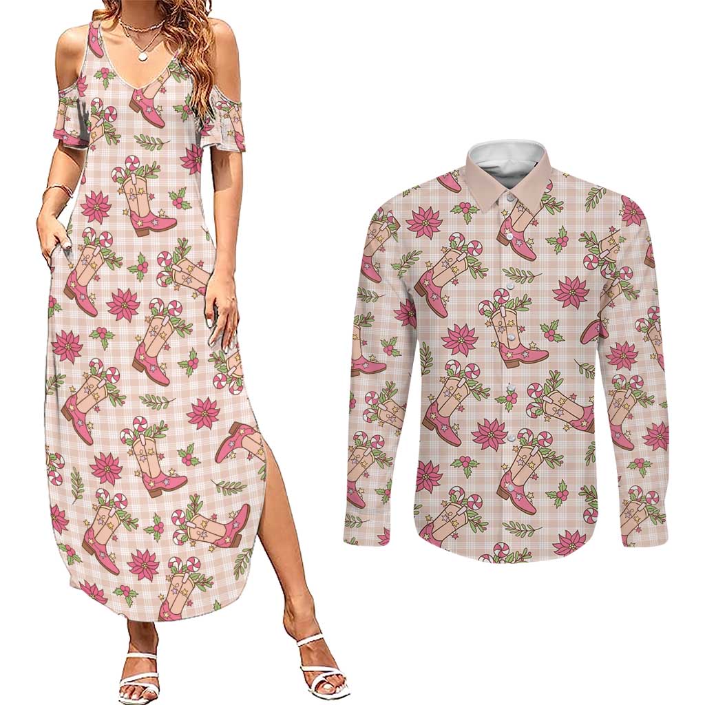 Beige Paniolo Palaka Hawaiian Cowgirl Christmas Couples Matching Summer Maxi Dress and Long Sleeve Button Shirt - Beige Paniolo Palaka Hawaiian Cowgirl Christmas Couples Matching Summer Maxi Dress and Long Sleeve Button Shirt -
