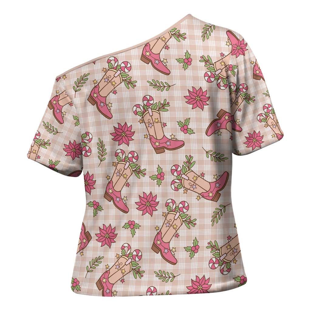 Beige Paniolo Palaka Hawaiian Cowgirl Christmas Cross Shoulder Shirt - Polynesian Pride