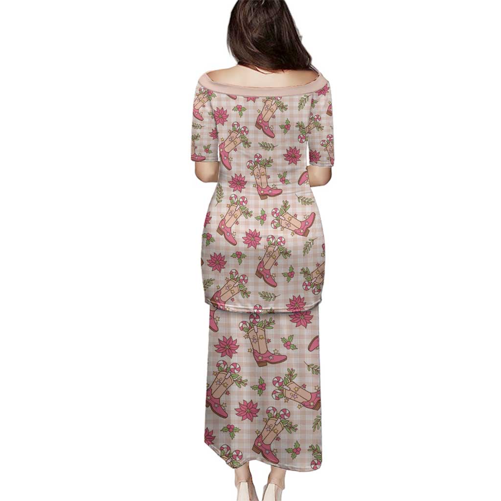 Beige Paniolo Palaka Hawaiian Cowgirl Christmas Family Matching Puletasi and Hawaiian Shirt - Polynesian Pride