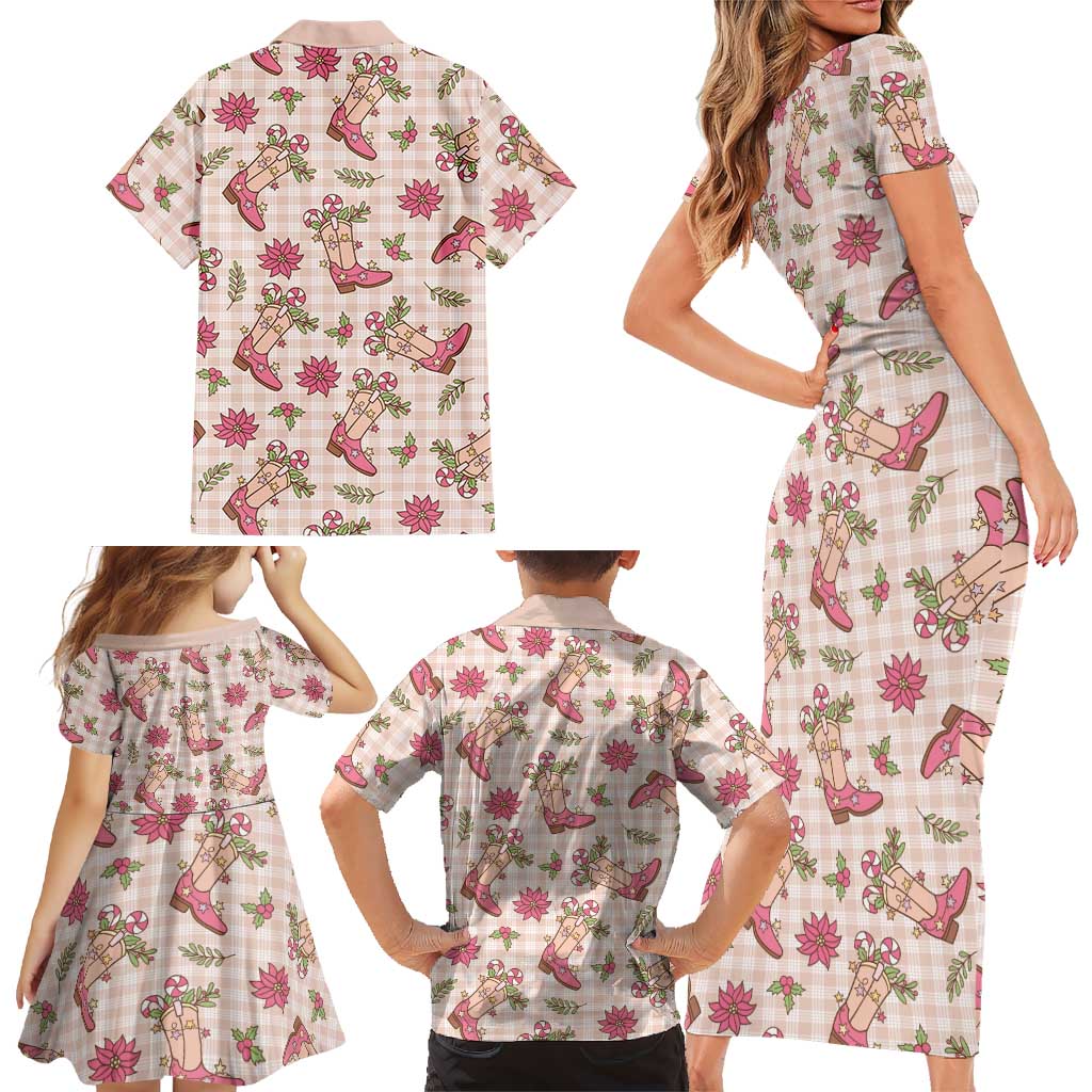 cowgirl christmas dress Beige Paniolo Palaka Hawaiian Cowgirl Christmas Family Matching Short Sleeve Bodycon Dress and Hawaiian Shirt
