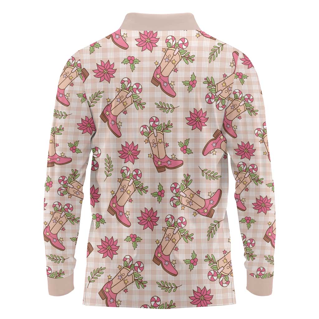 Beige Paniolo Palaka Hawaiian Cowgirl Christmas Long Sleeve Polo Shirt - Polynesian Pride