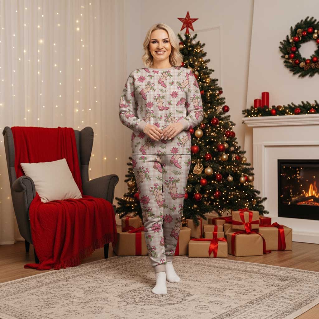 Beige Paniolo Palaka Hawaiian Cowgirl Christmas Pajama Set - Polynesian Pride