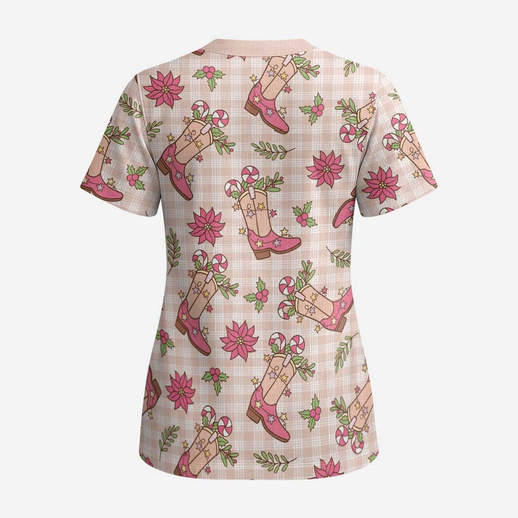 Beige Paniolo Palaka Hawaiian Cowgirl Christmas Scrub Top - Polynesian Pride