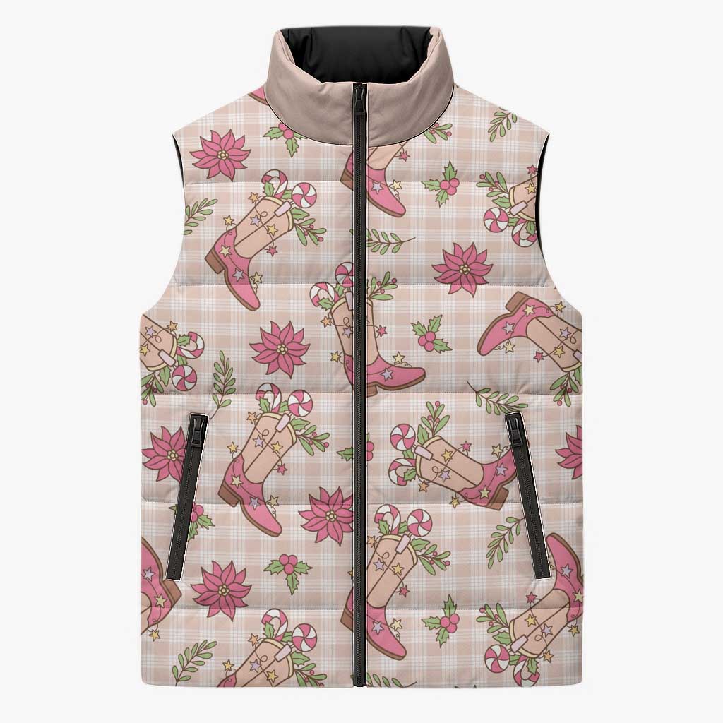 Beige Paniolo Palaka Hawaiian Cowgirl Christmas Sleeveless Puffer Jacket - Polynesian Pride