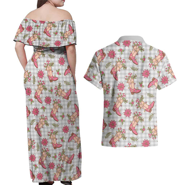Personalized Hawaii Maui Couples Matching Off Shoulder Maxi Dress and Hawaiian Shirt Polynesian Fish Hook Hibiscus Blue Version LT05 main image 0