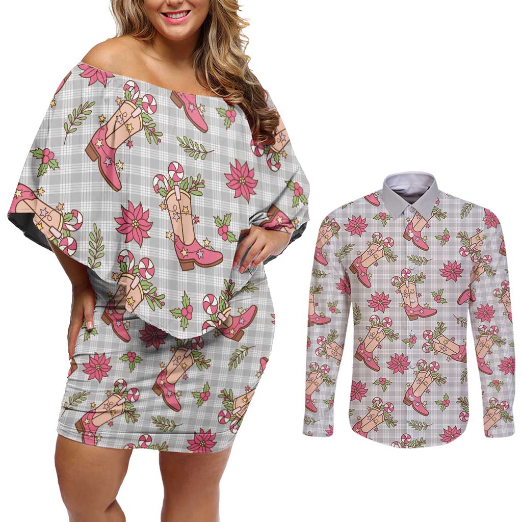 Gray Paniolo Palaka Hawaiian Cowgirl Christmas Couples Matching Off Shoulder Short Dress and Long Sleeve Button Shirt
