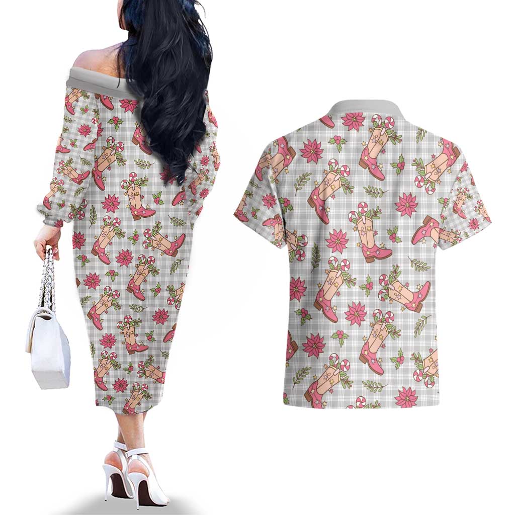 Gray Paniolo Palaka Hawaiian Cowgirl Christmas Couples Matching Off The Shoulder Long Sleeve Dress and Hawaiian Shirt - Polynesian Pride