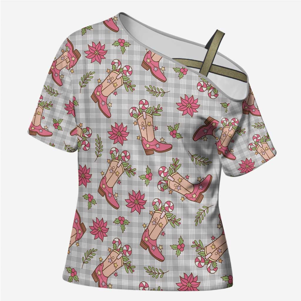 Gray Paniolo Palaka Hawaiian Cowgirl Christmas Cross Shoulder Shirt - Polynesian Pride