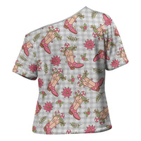 Gray Paniolo Palaka Hawaiian Cowgirl Christmas Cross Shoulder Shirt - Polynesian Pride