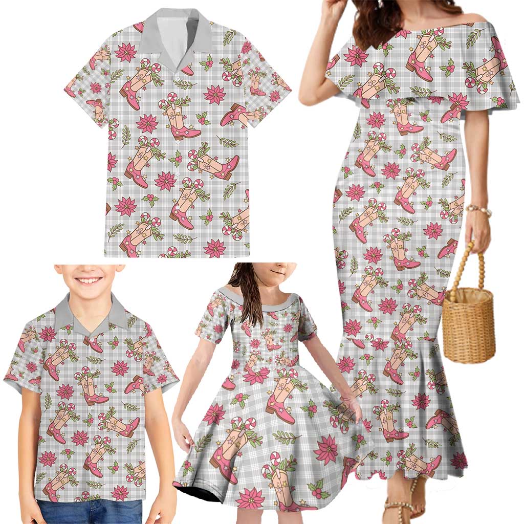Gray Paniolo Palaka Hawaiian Cowgirl Christmas Family Matching Mermaid Dress and Hawaiian Shirt - Polynesian Pride