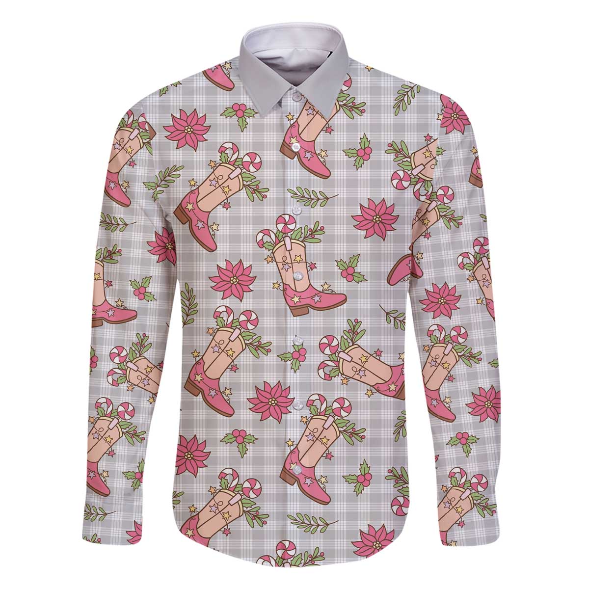 Gray Paniolo Palaka Hawaiian Cowgirl Christmas Family Matching Off The Shoulder Long Sleeve Dress and Hawaiian Shirt - Polynesian Pride