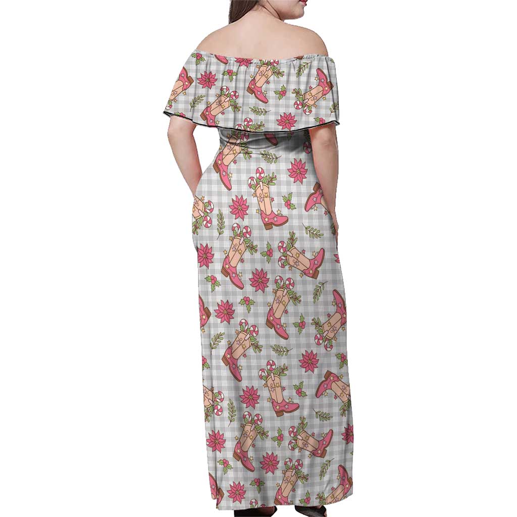 Gray Paniolo Palaka Hawaiian Cowgirl Christmas Family Matching Off Shoulder Maxi Dress and Hawaiian Shirt - Polynesian Pride