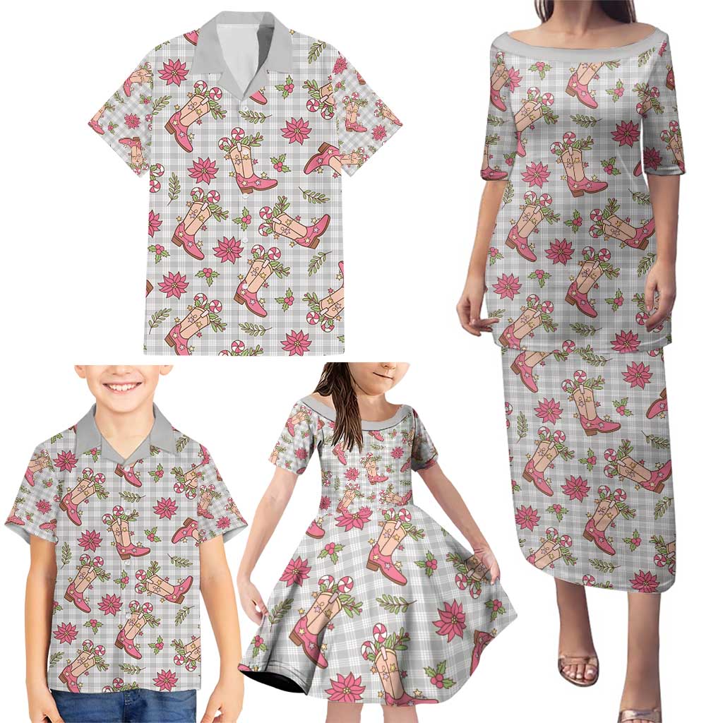 Gray Paniolo Palaka Hawaiian Cowgirl Christmas Family Matching Puletasi and Hawaiian Shirt - Polynesian Pride