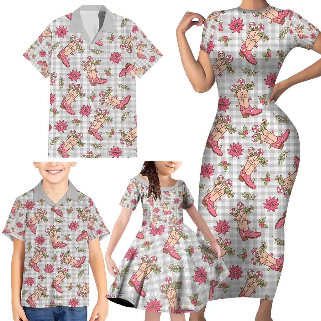 Gray Paniolo Palaka Hawaiian Cowgirl Christmas Family Matching Short Sleeve Bodycon Dress and Hawaiian Shirt - Polynesian Pride