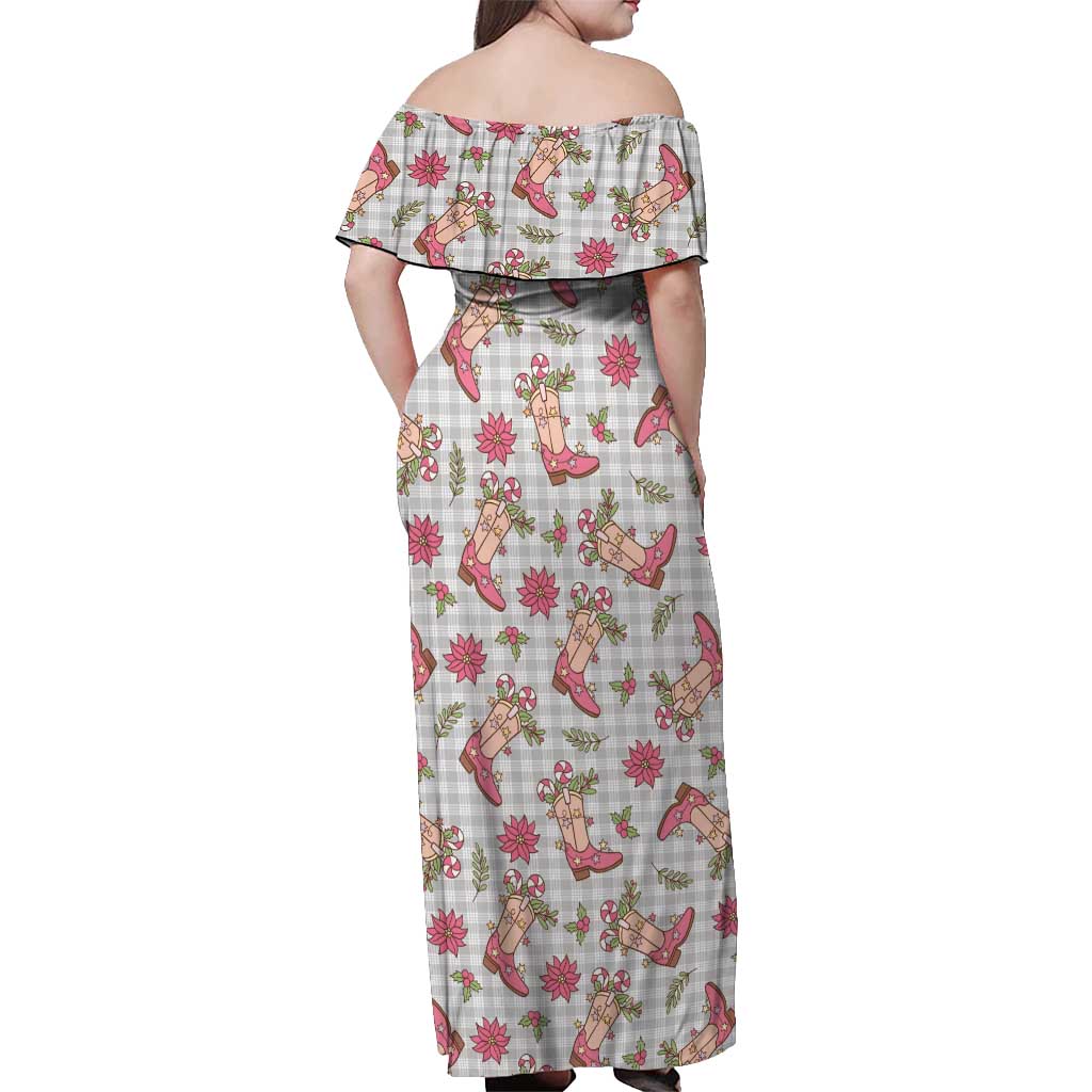 Gray Paniolo Palaka Hawaiian Cowgirl Christmas Off Shoulder Maxi Dress - Polynesian Pride