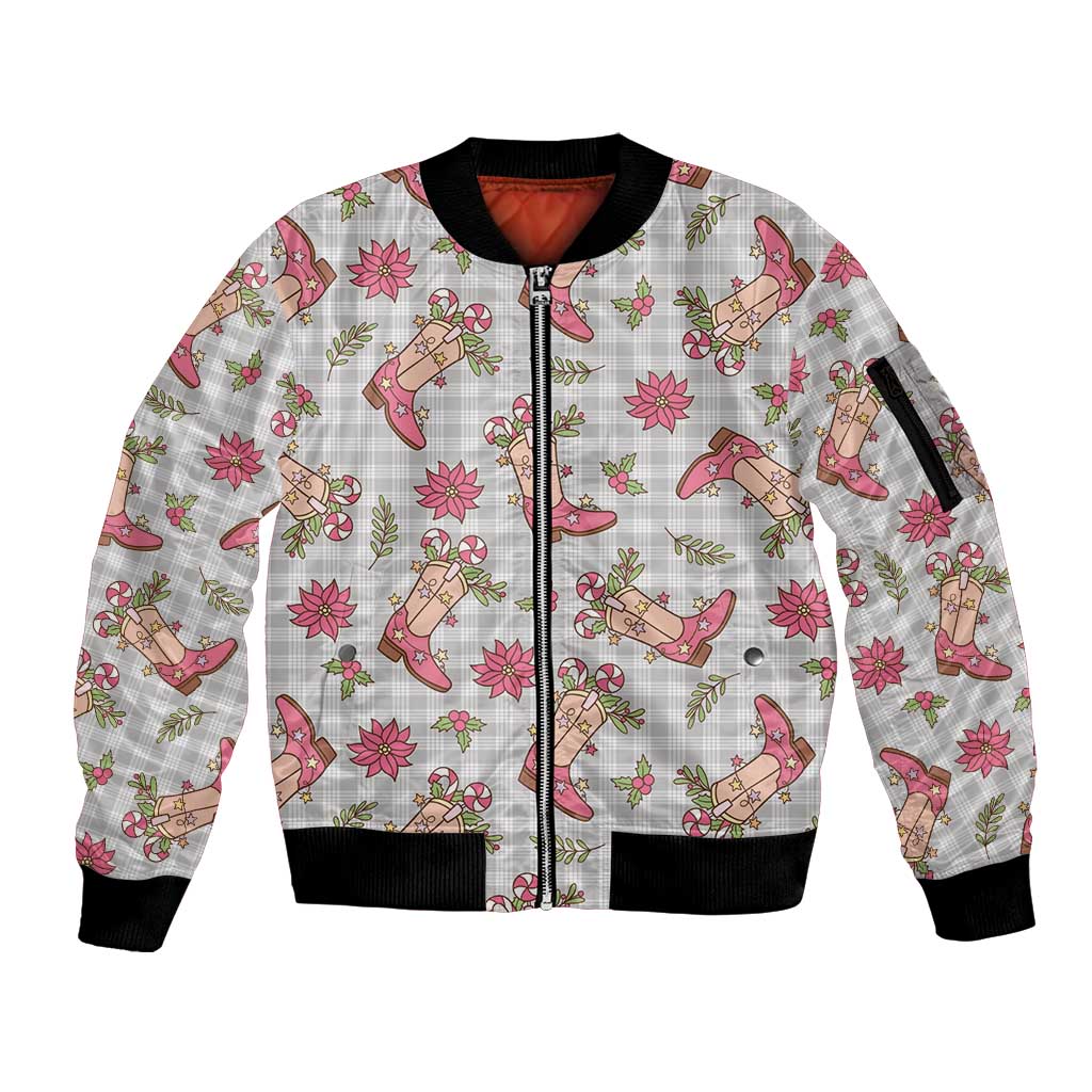 Gray Paniolo Palaka Hawaiian Cowgirl Christmas Sleeve Zip Bomber Jacket - Polynesian Pride