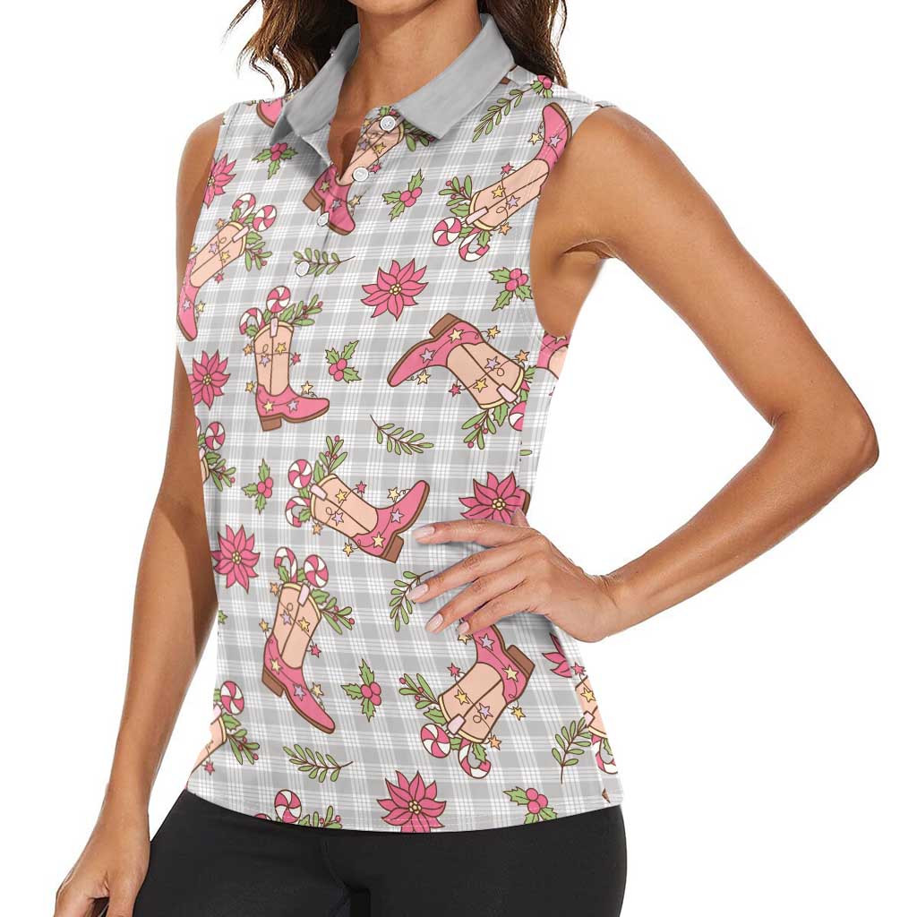Gray Paniolo Palaka Hawaiian Cowgirl Christmas Women Sleeveless Polo Shirt - Polynesian Pride
