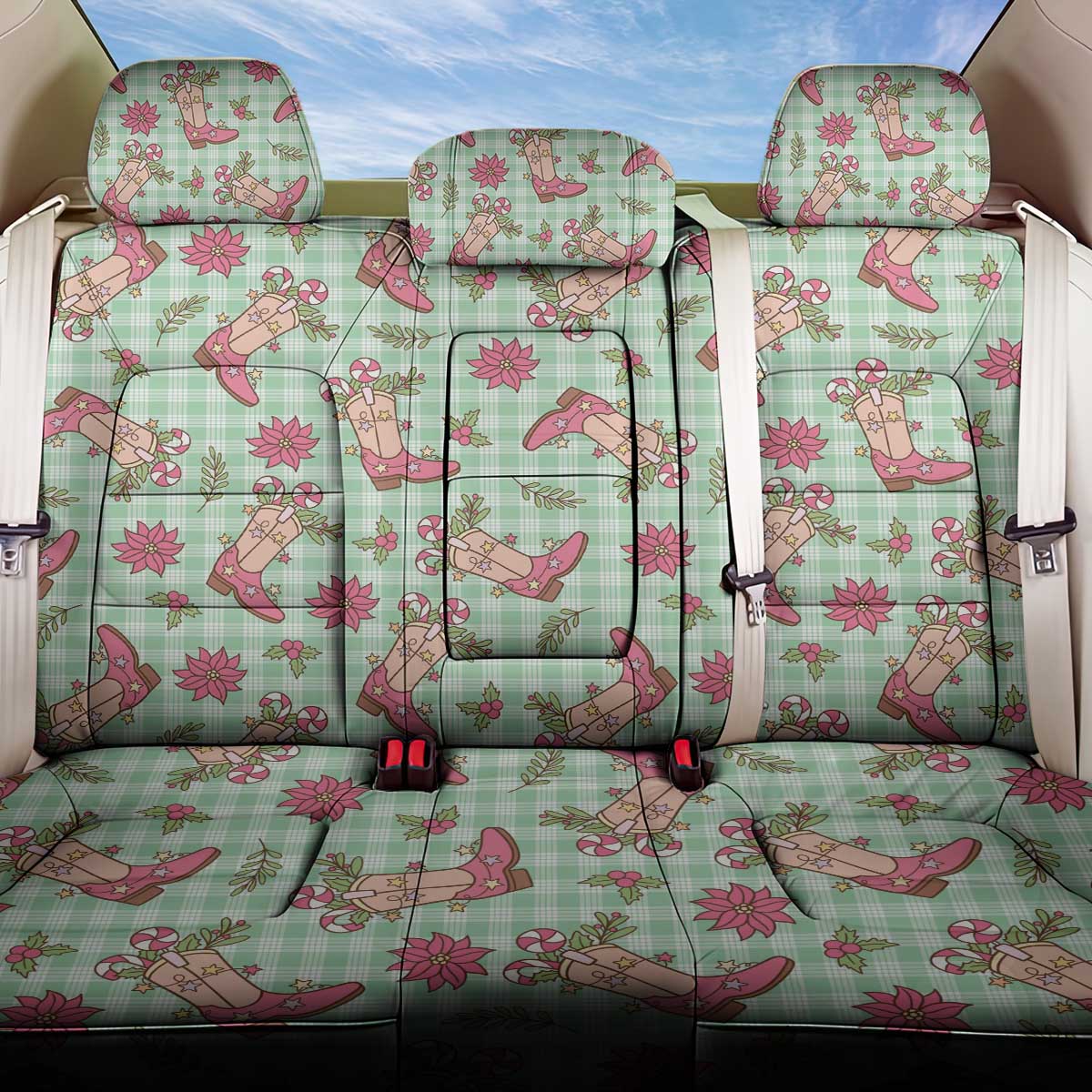 Green Paniolo Palaka Hawaiian Cowgirl Christmas Back Car Seat Cover - Polynesian Pride