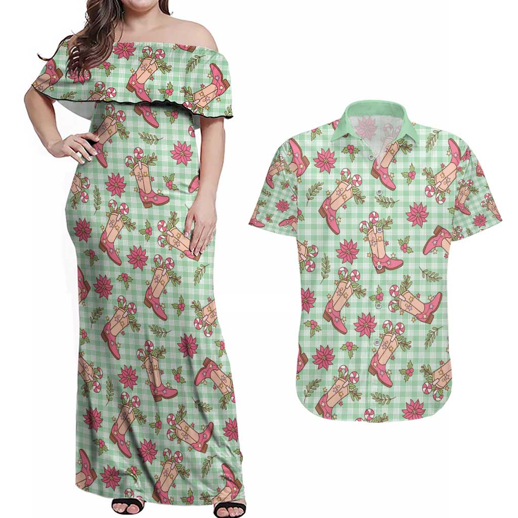 Green Paniolo Palaka Hawaiian Cowgirl Christmas Couples Matching Off Shoulder Maxi Dress and Hawaiian Shirt - Polynesian Pride