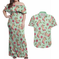 Green Paniolo Palaka Hawaiian Cowgirl Christmas Couples Matching Off Shoulder Maxi Dress and Hawaiian Shirt - Polynesian Pride