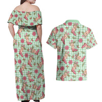 Green Paniolo Palaka Hawaiian Cowgirl Christmas Couples Matching Off Shoulder Maxi Dress and Hawaiian Shirt - Polynesian Pride