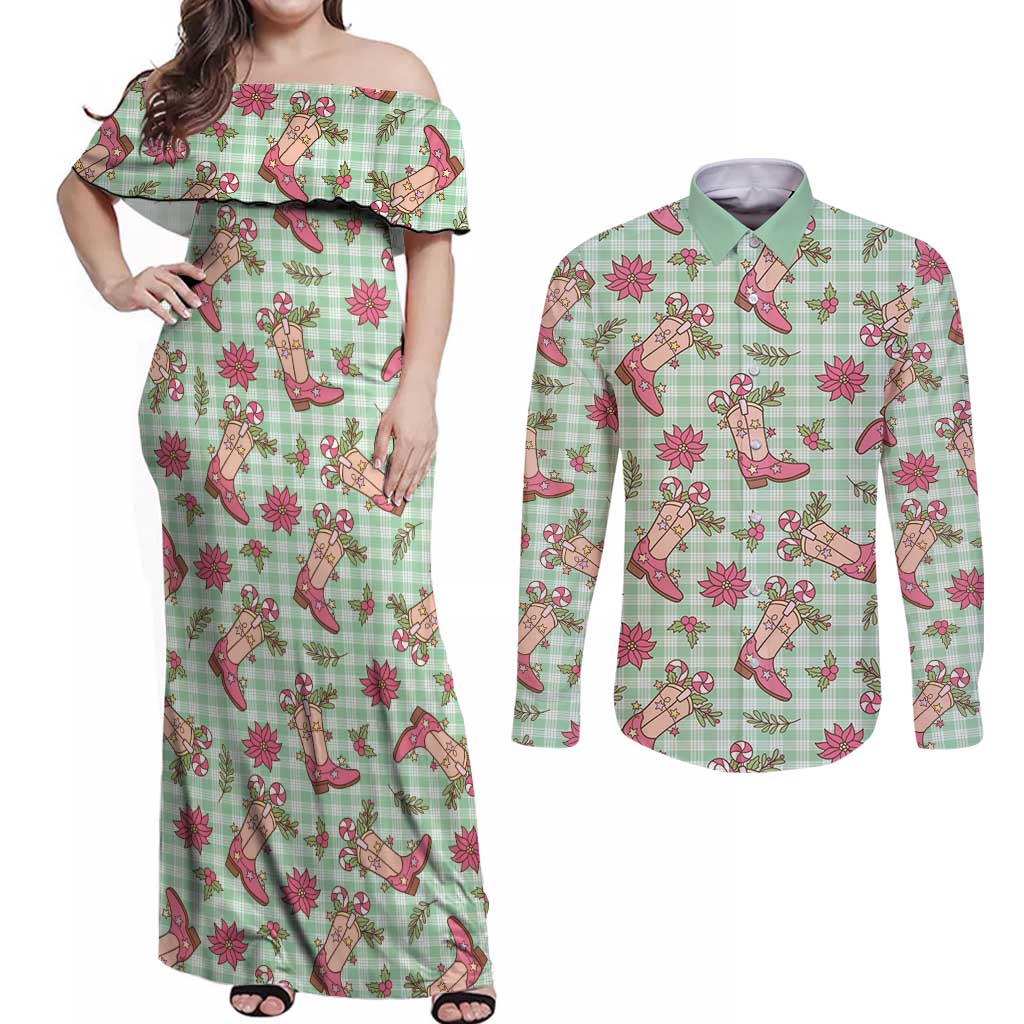 Green Paniolo Palaka Hawaiian Cowgirl Christmas Couples Matching Off Shoulder Maxi Dress and Long Sleeve Button Shirt - Polynesian Pride