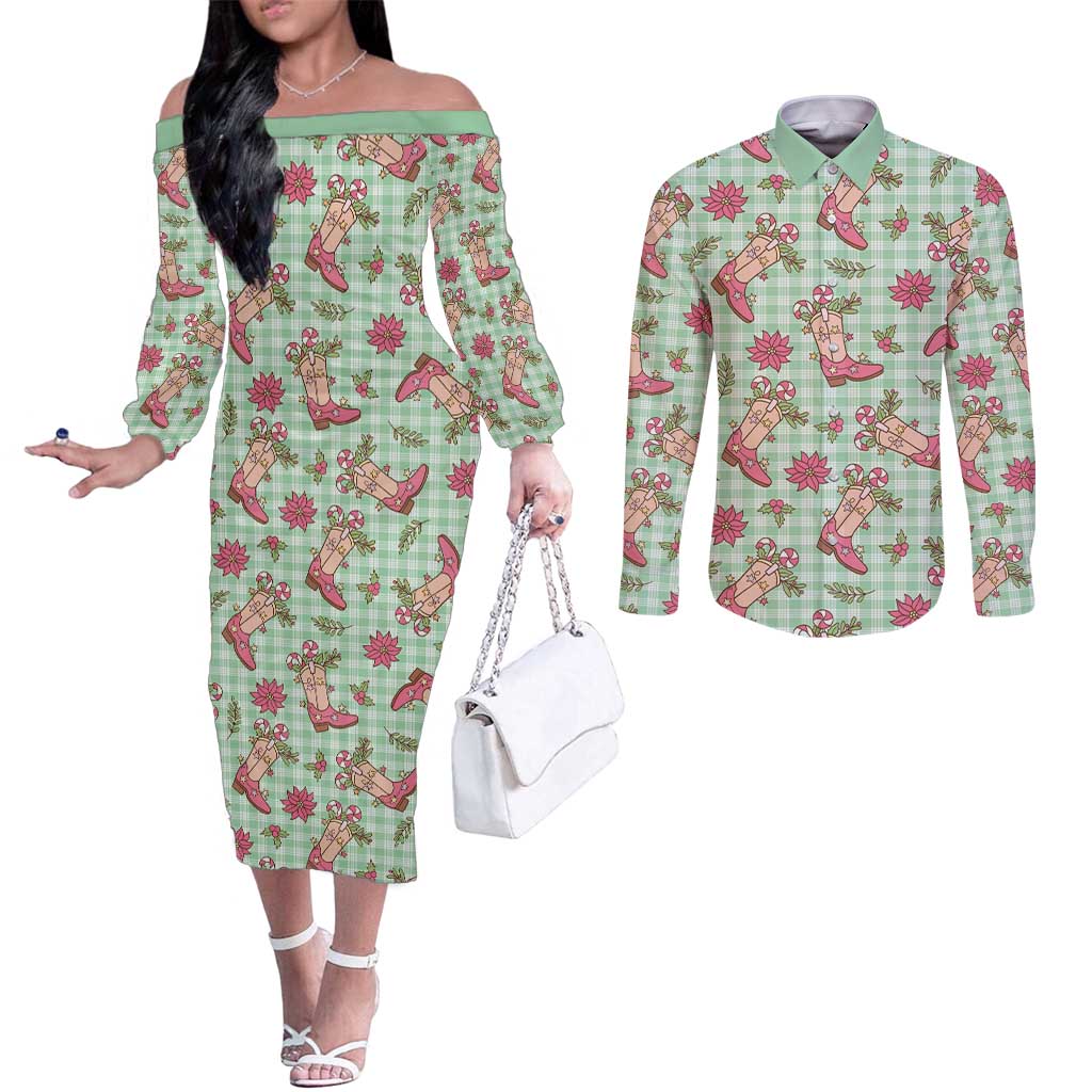 Green Paniolo Palaka Hawaiian Cowgirl Christmas Couples Matching Off The Shoulder Long Sleeve Dress and Long Sleeve Button Shirt - Polynesian Pride